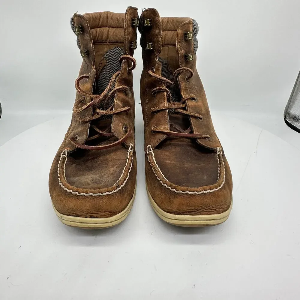 Sperry Bayfish Brown Leather Lace Up High Top Herringbone Collar Womens 10